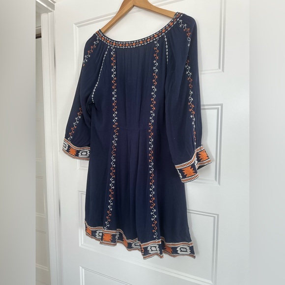 MonoReno Boho Navy Tunic Dress with Orange and White Embroidery - Picture 2 of 6